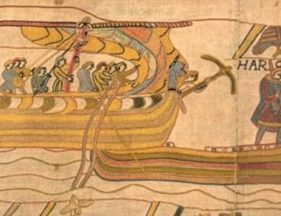 Bayeux Tapestry scene showing Norman ships crossing the Channel, featured in a Bayeux-themed history workshop