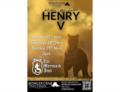 Henry V theatre poster featuring a tiger in golden mist, with performances at The Mermaid Inn, November dates at 3pm.