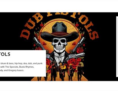 Poster for the Dub Pistols at White Rock Theatre featuring bold artwork with roses, skulls, and crossed pistols.