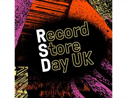 Record Store Day event branding displayed at De La Warr Pavilion, featuring bold, colourful graphic artwork.