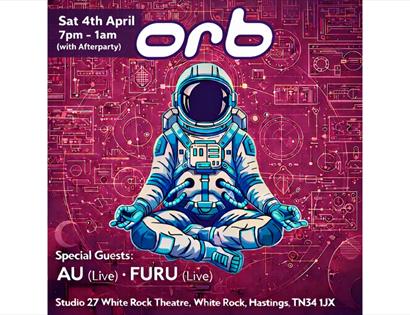 Poster for Orb event featuring a meditating astronaut illustration against a detailed futuristic circuit background.