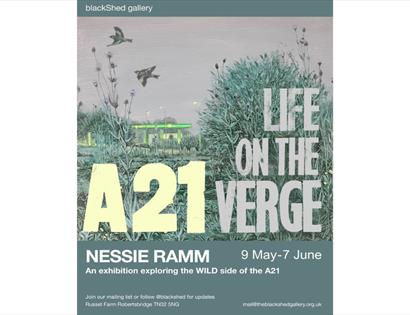 Poster for “Life on the Verge: A21” exhibition by Nessie Ramm, showing roadside plants, birds, and a glowing petrol station.