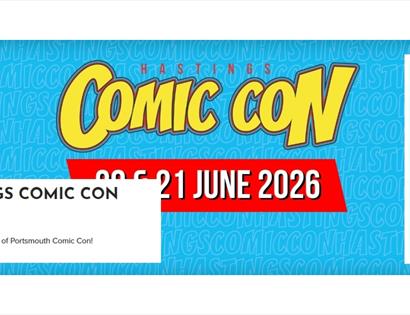 Bright banner for Hastings Comic Con 2026, with bold Comic Con logo, dates 20–21 June 2026, and White Rock Hastings branding.
