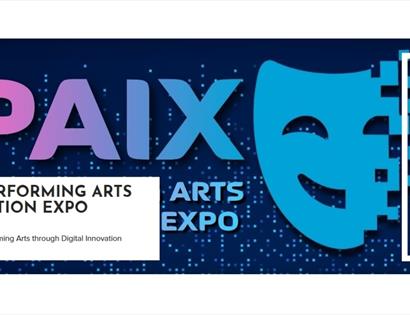 PAIX Performing Arts Innovation Expo banner with bold PAIX text, digital theatre mask graphic, and White Rock Hastings logo