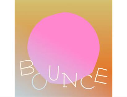 Abstract graphic with a large pink circle on a warm orange gradient background and the word “BOUNCE” in white letters.