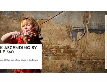 Poster for The Lark Ascending by Ensemble 360, featuring a violinist against a rustic textured wall at White Rock Theatre.