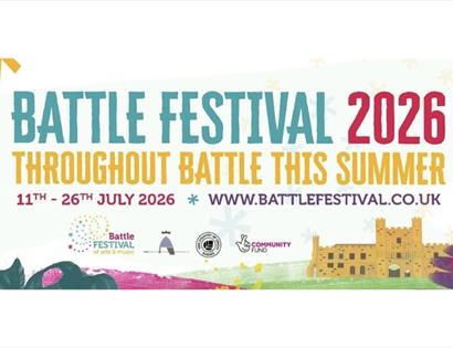 Banner promoting Battle Festival 2026, 11–26 July, with website details and colourful festival graphics.