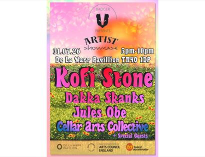 Colourful poster for artist showcase at De La Warr Pavilion, 31.07.26, 5–10pm, featuring Kofi Stone and others.