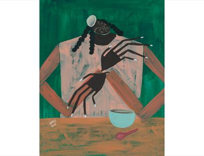 Painting by Ibi Meier-Oruitemeka at The Crown Hastings, showing a figure with braided hair and elongated hands at a table.