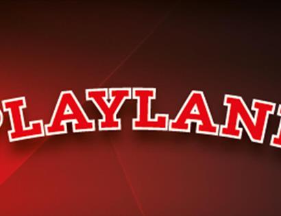 Playland Hastings logo in bold red and white lettering on a red gradient background.