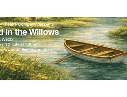 Poster for “Mind in the Willows” showing a rowboat on a calm river, with dates 1-3 July and booking details.