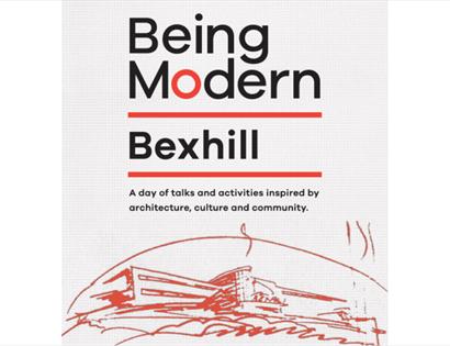 Poster for Being Modern Bexhill, a day of talks and activities inspired by architecture, culture and community.
