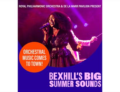Promotional image for Bexhill’s Big Summer Sounds showing a live performer on stage with purple lighting and orchestral music text.