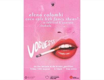 Pink poster with lips holding a cigarette; DJs incl. Elena Colombi; De La Warr Pavilion, Aug 14, 5–10pm.