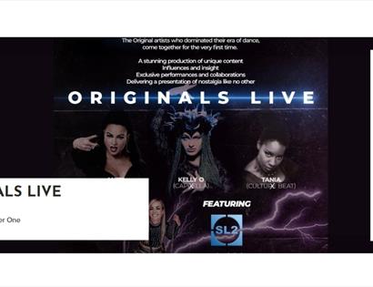 Promotional banner for “Originals Live: 90s Dance – Chapter One” featuring performers and White Rock Hastings branding.