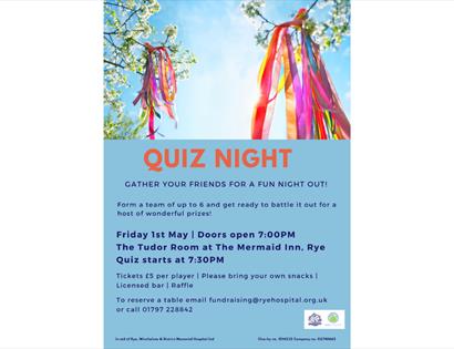 Quiz Night poster with colourful ribbons in trees, showing event details for a quiz night at The Mermaid Inn in Rye.