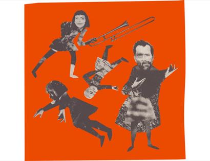 Promotional artwork for Beyond the Bayeux at Hastings Castle, featuring collage-style figures and a trombone on orange.