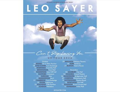 Poster for Leo Sayer UK tour 2026, showing a person jumping in a blue sky with tour dates listed below.