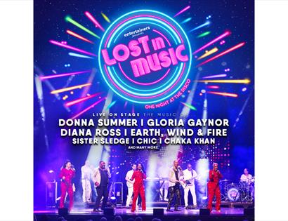 Neon “Lost in Music” disco show poster with colourful lights, stage performers, and classic artists listed.