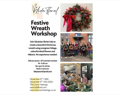 Poster for Festive Wreath Workshop featuring handmade Christmas wreaths and group wreath-making sessions.