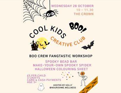 Halloween craft workshop poster for children featuring spooky spider making, colouring activities and Halloween-themed decorations.