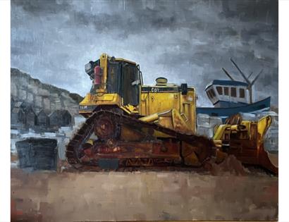 Art Exhibition at The Crown Hastings featuring a painting of a yellow bulldozer beside a fishing boat.