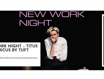 Poster for New Work Night featuring a performer in a white shirt seated on a dark stage for a Titus Andronicus production.