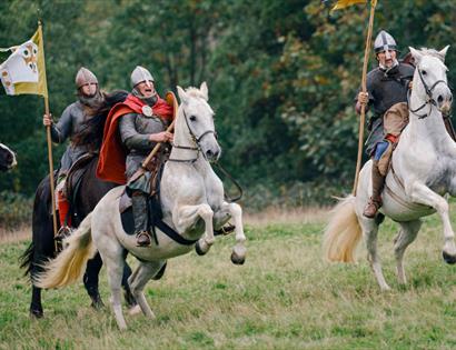 Mounted reenactors in medieval armour charge across a field at a Battle of Hastings event at Battle Abbey.