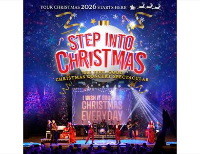 Festive “Step Into Christmas” show poster with stage performers, lights, snowflakes and decorations.