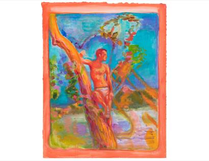 Painting by Ruth Calland at Hastings Museum, showing a nude figure among trees in vivid blues, greens and pinks.