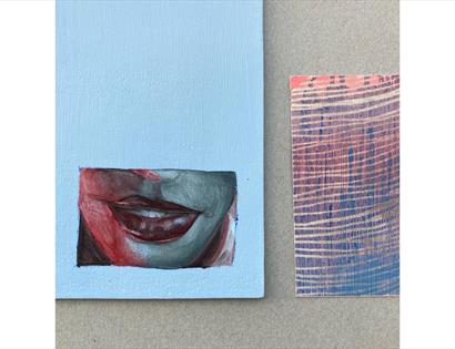 Hannah Birkett Art Exhibition at The Crown Hastings, featuring contemporary paintings of lips and abstract patterns.