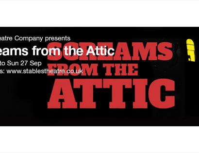 Promotional artwork for Screams from the Attic, featuring a dark house silhouette, glowing window and bold red title text.