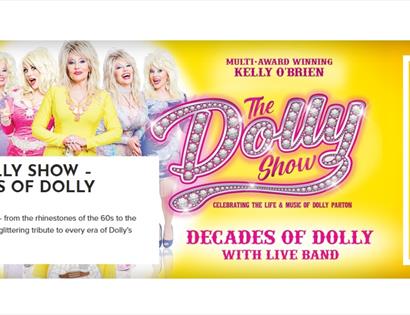 Poster for The Dolly Show's Decades of Dolly, featuring performers in sparkling costumes on a bright yellow stage backdrop.