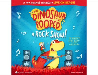 Colourful poster for The Dinosaur That Pooped: A Rock Show!, featuring a guitar-playing dinosaur on stage.