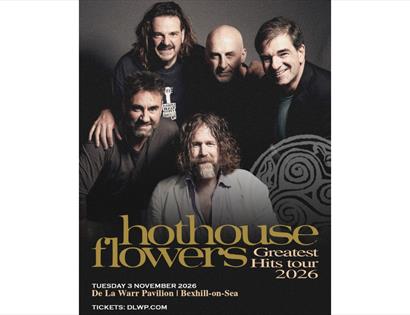 Poster for Hothouse Flowers Greatest Hits Tour 2026, featuring band portrait and De La Warr Pavilion Bexhill date.