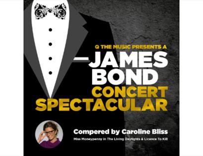 James Bond Concert Spectacular poster with tuxedo graphic and text promoting event hosted by Caroline Bliss.