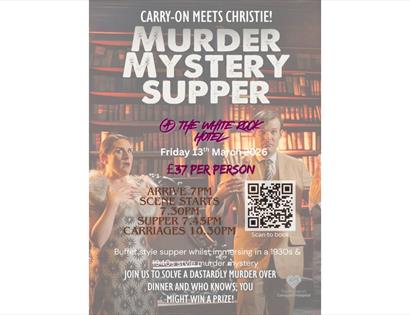 Murder Mystery Supper event poster with details for a 1930s‑style themed dinner at The White Rock Hotel.