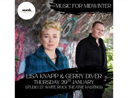 Poster for “Music for Midwinter” featuring Lisa Knapp and Gerry Diver, with event details for White Rock Theatre Hastings.