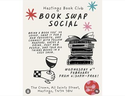 Poster for Hastings Book Club Book Swap Social, showing stacked books, a wine glass and playful star shapes.