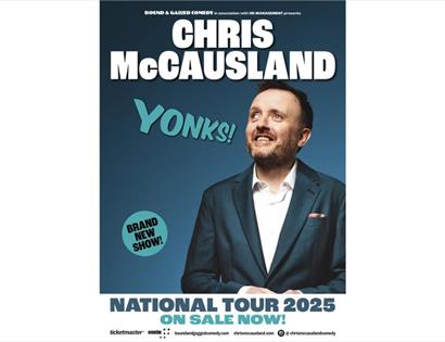 Poster showing a person in a suit with text promoting Chris McCausland’s 2025 national tour and new show ‘Yonks!’