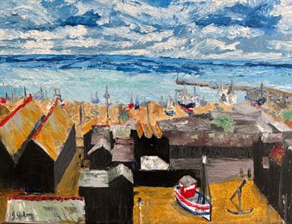 Impressionistic seaside image of Hastings, painted with thick brushstrokes. In the foreground, dark wooden sheds with slanted roofs sit on golden-brow