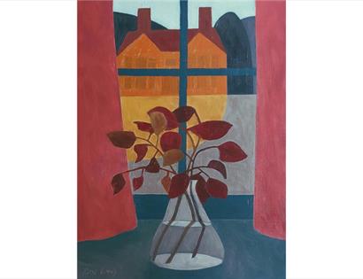 Painting of a vase with red leaves in front of a window showing orange buildings, part of Rose Long’s exhibition at The Crown.