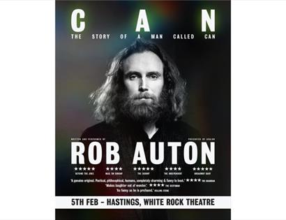 Poster for ‘The Story of a Man Called Can’ featuring a long-haired figure and promoting Rob Auton’s show at White Rock Theatre.