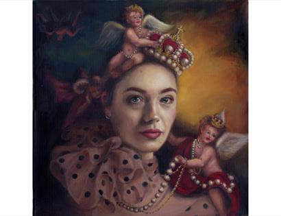 Image shows a piece of Katie Ray's art. The painting is of a woman with 2 small figures on her shoulder and head