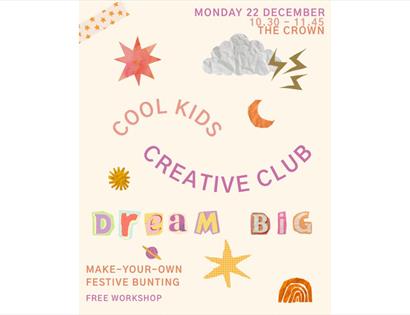 Accessible event flyer featuring playful cut out graphics on cream. Main curved text in the centre reads “Cool Kids Creative Club.” Event info at the 