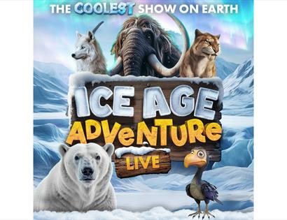 Poster for ‘Ice Age Adventure Live’ featuring animated Ice Age animals in a snowy landscape.