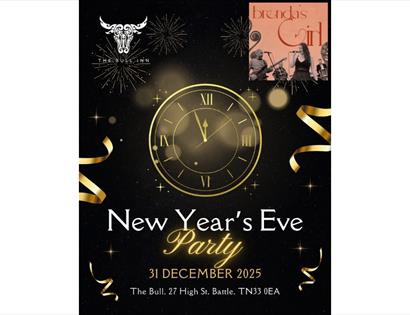 Image shows the post for the New Year's Eve party at The Bull in Battle. It is a black leaflet with images of golden ribbons and a clock counting down