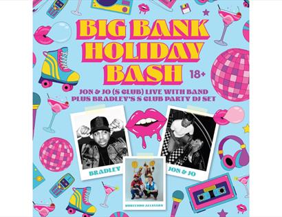 Bright poster for the Big Bank Holiday Bash featuring retro graphics and photos of performers.