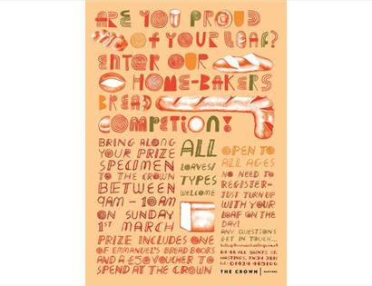 Poster for a home-bakers bread competition at The Crown in Hastings, featuring illustrated loaves and event details.
