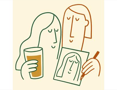 Image shows a line drawing of 2 people, one is holding a pencil and a drawn portrait of the other person. The other person with long hair is holding a